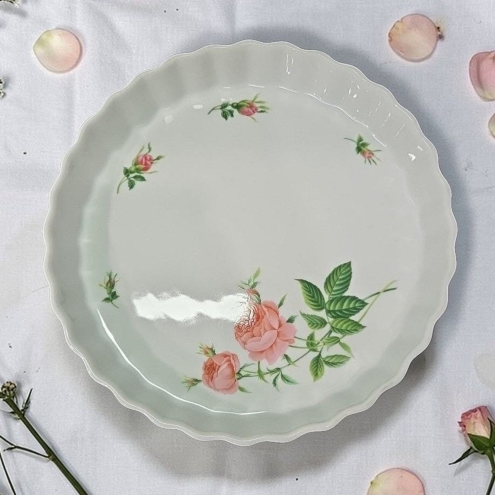 Christineholm White Porcelain Quiche Tart Dish,‎ Pink Rose Pie Pan, Baking Mold